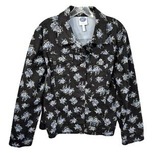 DG2 Diane Gilman Large Denim Jacket Ditsy Floral‎ Jean Jacket Blue Black 1279